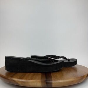 Womens Flojos Hayley Black Leather Wiven Wedge Flip Flops Sandals Size 9 M